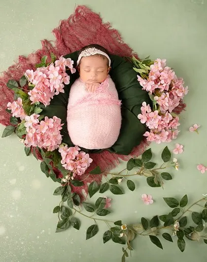 A beautiful overhead shot of a baby surrounded by pink flowers and green vines. The composition creates a lovely wreath effect, celebrating this new life.