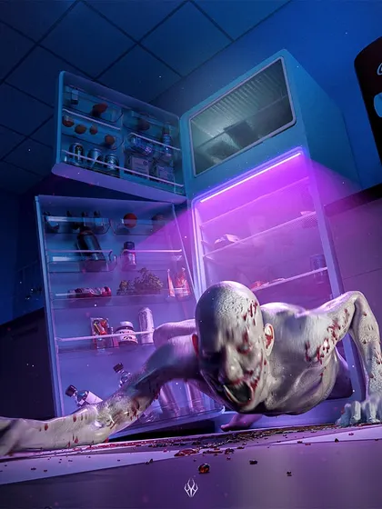 A creature crawling from a retro-style refrigerator, blending mundane objects with visceral horror. This piece is part of the Karnival's "backstage" areas, where the horror spills into everyday settings.