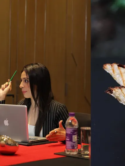 A split screen showing a woman in a business meeting and a grilled sandwich. This image is part of a series illustrating how my spaces facilitate connections, where business meets leisure.