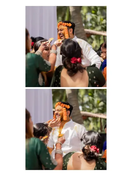 A collage of the groom's family applying haldi, capturing the joy and tradition of the moment.