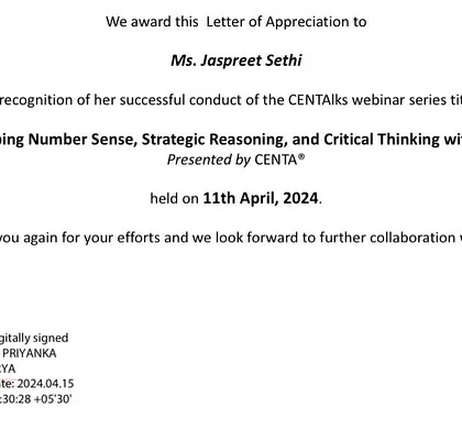 The official Letter of Appreciation from CENTA for my webinar on developing number sense, strategic reasoning, and critical thinking with Yonjuu.