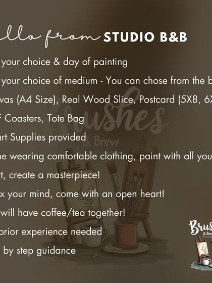 An informational graphic about how our Studio B&B sessions work. Pick your painting, pick your medium, and come relax with us.