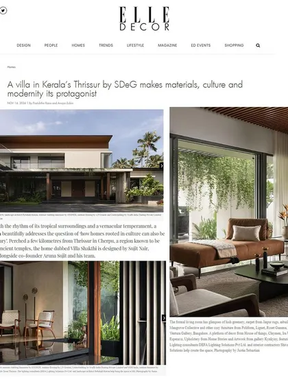 A snapshot of the Elle Decor feature on Villa Shakthi. The article discusses how the design balances a tropical setting and vernacular temperament with a distinctly modern aesthetic, a core principle of our design philosophy.