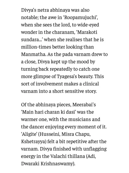 A snippet from a review in The Hindu, highlighting the 'netra abhinaya' (eye expressions) and storytelling in my performance. Such detailed feedback is incredibly valuable.