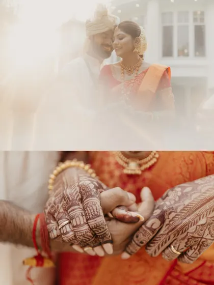 A diptych showing a dreamy, sunlit couple portrait and a close-up of their hands, showcasing the intricate mehndi designs.