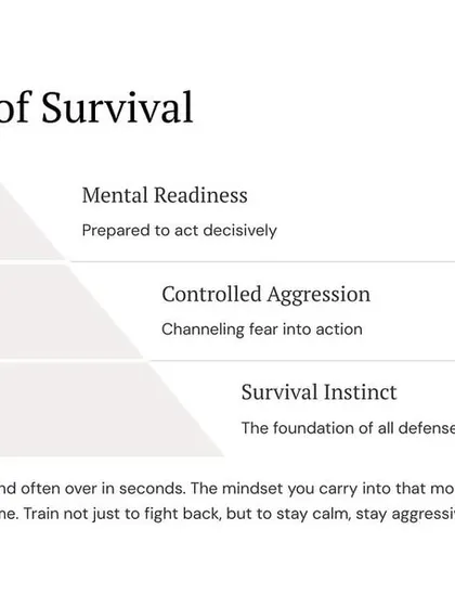 The mindset of survival in a knife attack is a pyramid built on survival instinct, controlled aggression, and mental readiness. You must train not just to fight back, but to stay calm, stay aggressive, and survive.