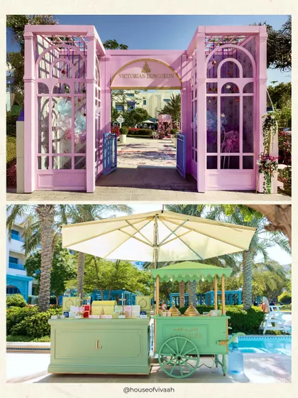 A split view of the grand pink entrance gate for the "Victorian Luncheon" and the charming pastel green food carts, showcasing the event's whimsical and cohesive theme.