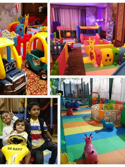 This collage features several indoor setups, including one with a large world map in the background, perfect for a themed party. It also shows kids enjoying a go-kart and other ride-on toys.