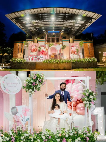 A beautiful collage of a fairy-themed first birthday, showing the grand outdoor setup and a sweet family portrait on a floral swing.