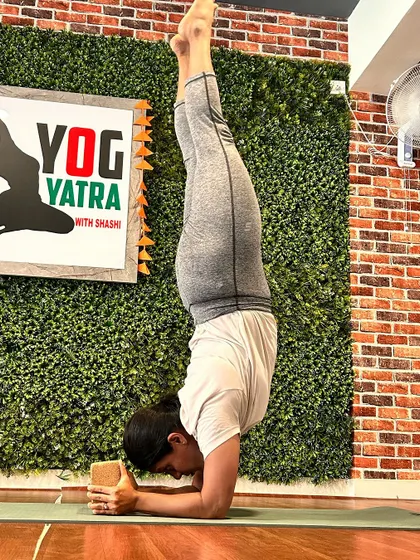 Here is a student holding a steady Pincha Mayurasana (Forearm Stand). Her alignment and strength are a testament to her hard work and dedication in class.