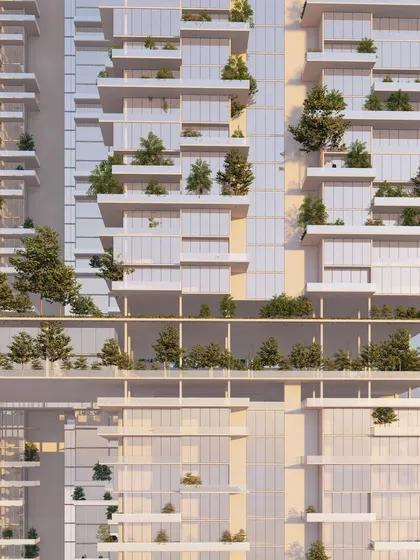 A detail of "The Clouds" facade, showing the deep, tree-filled terraces and sky bridges that connect different parts of the building. These elements create a "neighborhood in thesky," with streets and parks elevated far above the ground.