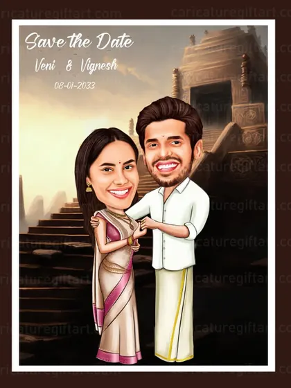 A "Save the Date" invitation with a beautiful, traditional feel. The couple is dressed in classic South Indian attire, set against an ancient temple backdrop, announcing their special day.