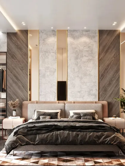 This bedroom render showcases a sophisticated mix of materials, including chevron-patterned wood, textured concrete panels, and gold accents, creating a modern and luxurious feel.