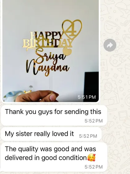 "My sister really loved it. The quality was good and was delivered in good condition." It's wonderful to know my toppers are making celebrations special for your loved ones.