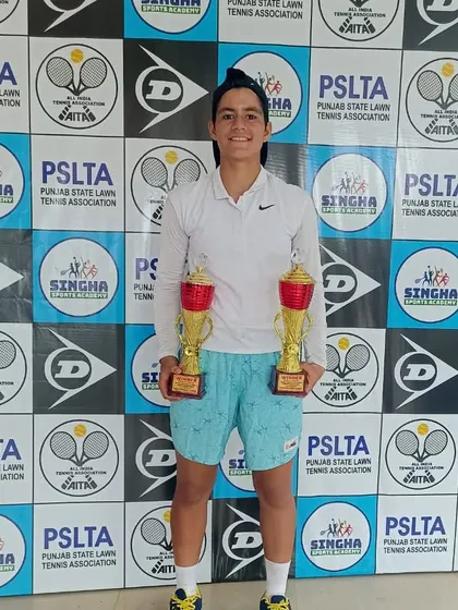 Riya Sachdeva with her trophies after winning both the singles and doubles categories at the U16 Asian Category-1 tennis tournament in Jalandhar.
