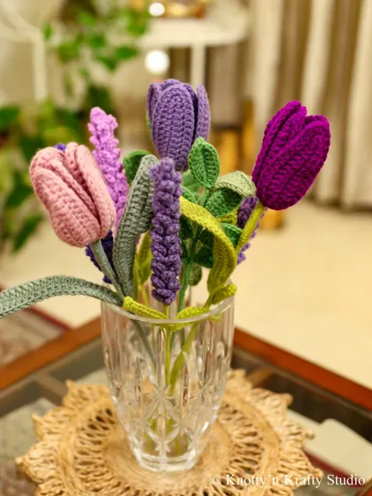A cold and grey day calls for some Lavender Whispers. This bouquet of handmade tulips and lavenders brings a much-needed splash of colour.
