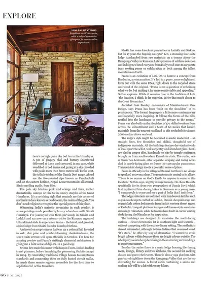 This bedroom at Shakti Prana, featured in a publication, was designed to be a sanctuary. The walls are built from stone sourced from the site itself, and the large windows allow guests to feel fully immersed in the Himalayan landscape.