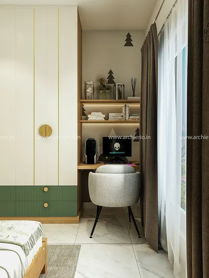 A well-designed study unit is essential for productivity. This custom workspace is integrated with a wardrobe, providing ample storage and a comfortable area for work or study.