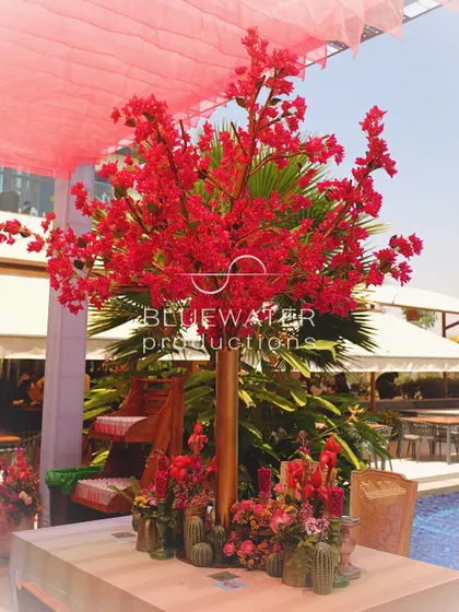 A vibrant red floral tree makes a bold statement by the pool.
