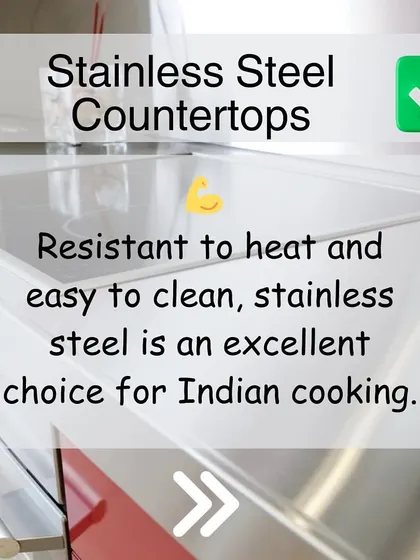 For a professional look, stainless steel countertops are a great choice. They are extremely resistant to heat and bacteria, and are very easy to clean, making them a practical and durable option for heavy-duty cooking.