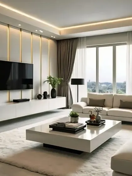 We incorporated vertical gold-tone accents on the TV wall to add a touch of glamour to this modern living room. The clean lines of the white media unit and coffee table are balanced by the soft textures of the rug and curtains.