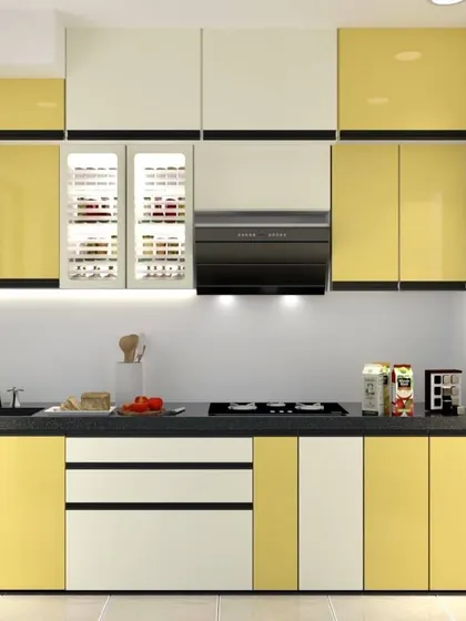 A straight-line kitchen layout in yellow and white, ideal for smaller apartments or open-plan living areas.