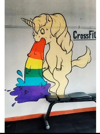 A repeat of the memorable unicorn mural. Its humor and unexpectedness make it a standout piece that defines the gym's unique personality.