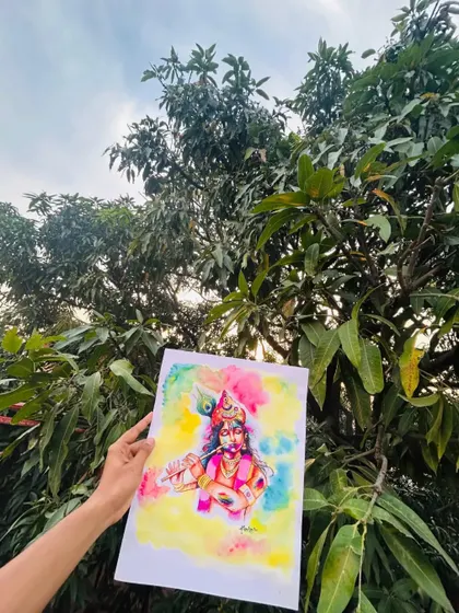 Another shot of the Krishna Holi painting, showing the blend of watercolors that create a dreamy, colorful background.