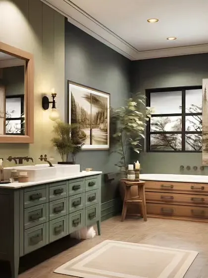 This bathroom has a vintage-inspired charm with its olive green vanity and classic wall sconces. The design combines traditional furniture style with modern functionality for a unique and inviting space.