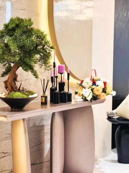 A detail shot of a console table adorned with a bonsai tree and other decorative items, showcasing how I use curated objects to bring life and character to a room.