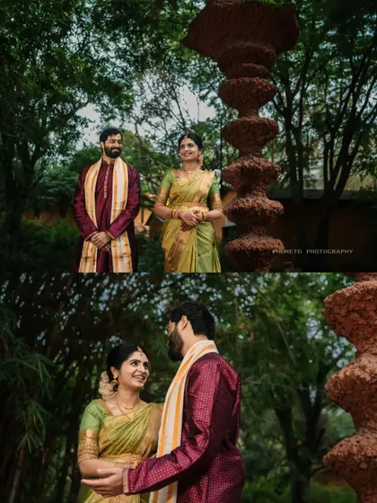 A collage capturing the couple's portraits against the unique, artistic structures of the location.