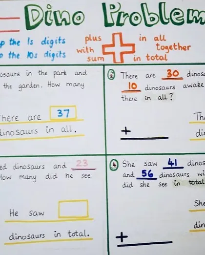 Playful worksheets can make learning fun. Here, children solve "Dino Problems" involving two-digit addition, applying their math skills within a theme they are passionate about.