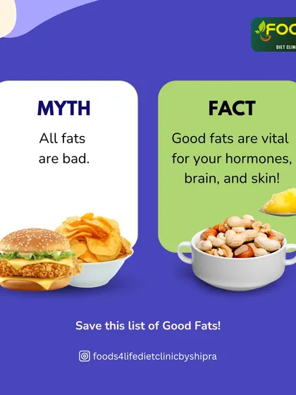 Myth: All fats are bad. Fact: Good fats from sources like nuts and ghee are vital for your hormones, brain, and skin.