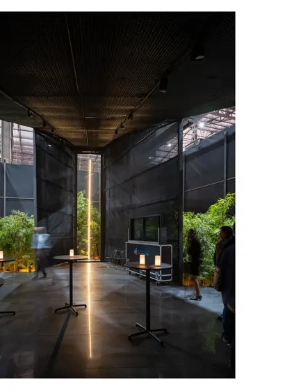 The Durall Systems Pavilion was a temporary build, an all black expanded mesh form connecting two extra large minimal windows. It framed a line of light vertically and a garden horizontally, becoming a place for quiet introspection.