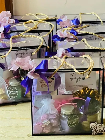 Multiple bridesmaid hampers lined up, showing the consistent quality and beautiful presentation I provide for bulk orders.