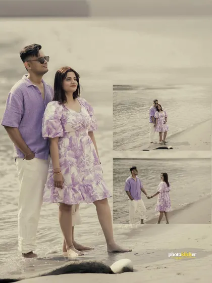 A clean and modern collage of a couple on a beach, combining a main portrait with two smaller, complementary shots.