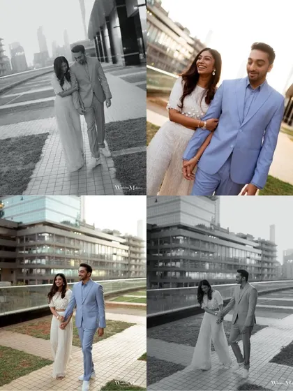 A stylish collage of the couple walking in a modern architectural setting. The mix of color and black and white adds a dynamic and artistic feel to their urban pre-wedding photos.