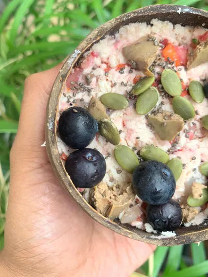 A closer look at the texture of my food. You can spot the chia seeds, pumpkin seeds, and real fruit mixed in with the protein.