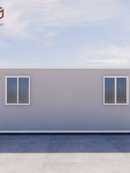A side view render of the 30ft container house, showing its clean, rectangular form. This simple design serves as a blank canvas that we can customize to your exact specifications.
