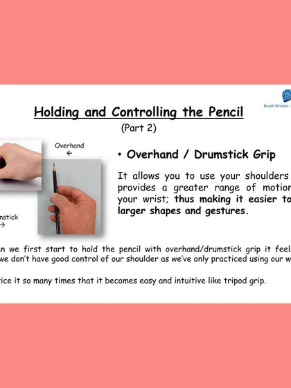 This guide explains the overhand or drumstick grip. This technique uses your shoulder instead of your wrist, making it easier to draw larger shapes and create fluid lines. It might feel strange at first, but practice makes it intuitive.