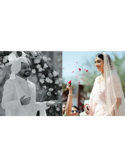 A diptych showing the groom waiting and the bride smiling as rose petals are thrown. This captures the anticipation and joy of the wedding ceremony from both perspectives.