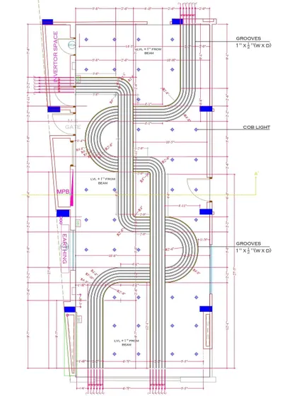 The process of creating a continuous inlay design, from the 2D plan to the messy on-site work, showing how the pattern is meticulously laid on the floor and ceiling.