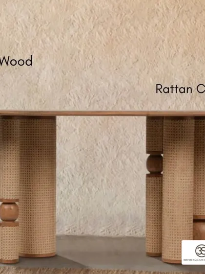 A close-up of a custom table design using rattan cane weaving and acacia wood. This piece combines natural materials and textures to create a light, airy, and modern aesthetic.