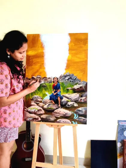 A work in progress shot of the painting 'From the eyes of a woman'. This piece explores the need for heartfelt communication and love, and this image captures a moment of contemplation as I build the layers of the scene.