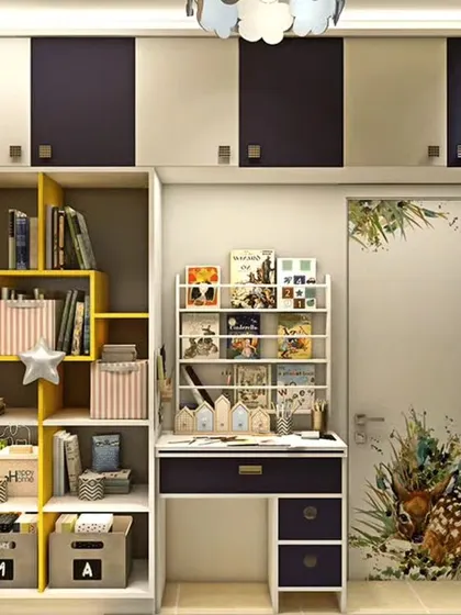 A whimsical kids' room with a tree-shaped bookshelf and plenty of open shelving for toys and books. The design is both fun and highly practical for storage.