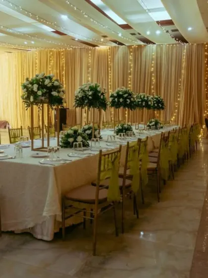 We also arrange elegant guest dining tables with floral centerpieces and proper seating, complementing the overall reception theme.