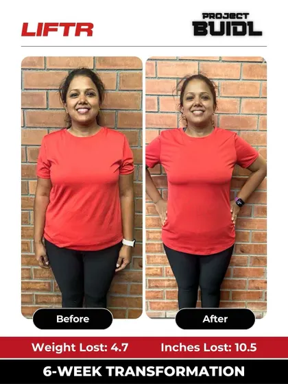 Pavithra wasn't a "gym person" but lost 4.7 kgs and 10.5 inches with us. This front view shows her stronger, leaner self.