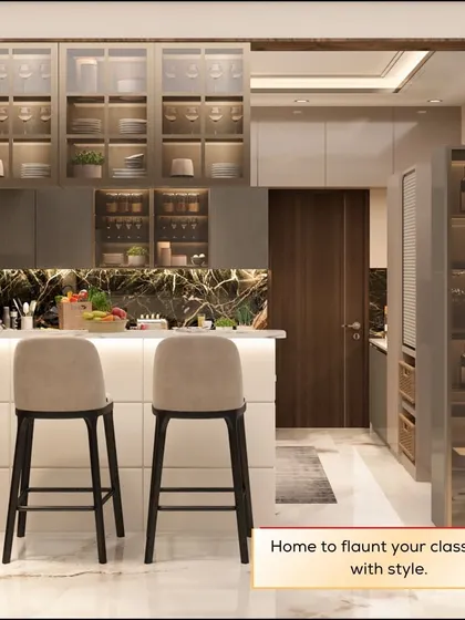 A home to flaunt your classiness with style. This kitchen features a large island with bar seating, glass-front cabinets with under-cabinet lighting, and a dedicated wine storage unit.