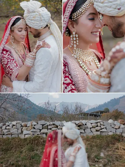 A collage capturing the romance of a mountain wedding, with close-ups of the couple and a wide shot showing them against the stunning landscape.