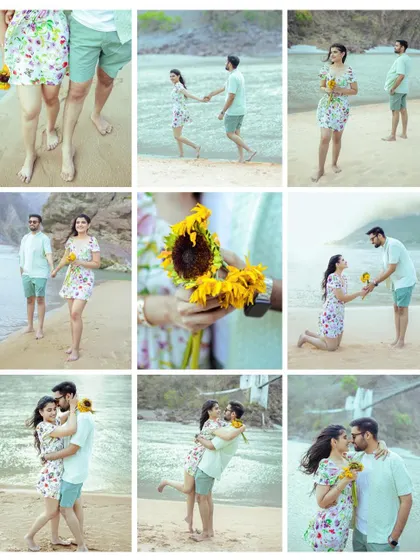 A vibrant nine-grid collage from a beach pre-wedding shoot, filled with happy moments, sunflowers, and romantic gestures.
